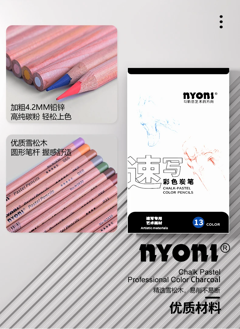 NYONI Premium-Buntstifte mit Holzkohle, Kreidepastell, 13/24 Farben, Porträt-Set, Skizzieren, Schattieren, Kunstbedarf für Erwachsene, Künstler – Detail 3