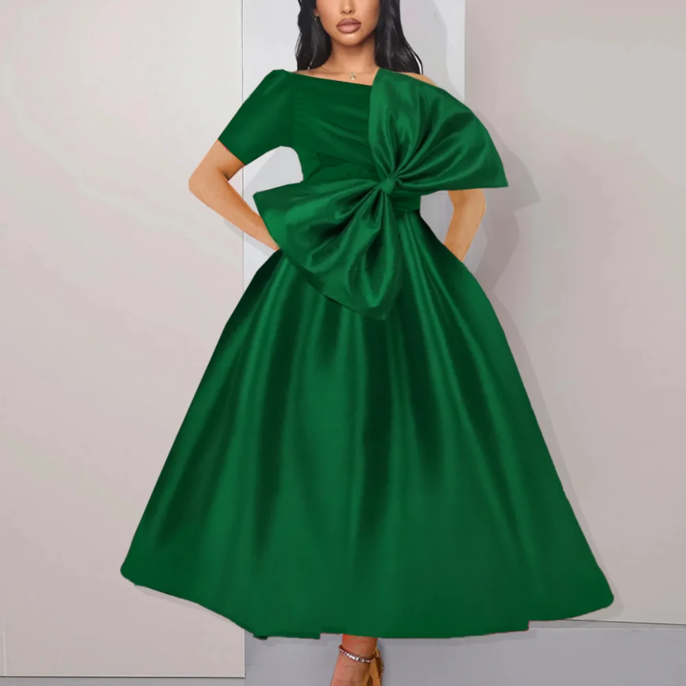 Emerald Green Sparkly Midi Shoulder Bow Puffy Dress 1