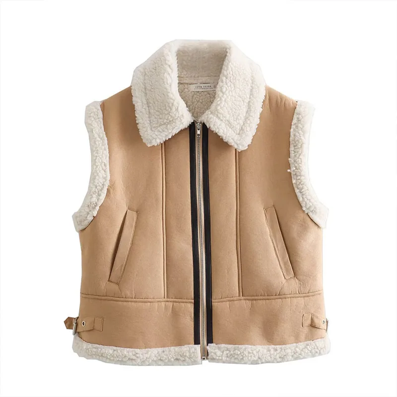 

Europe Winter Women's 2023 New Casual Fashion Classic Zip Pockets Decorated Lamb Wool Waistcoat Short Loose Vest Tops Jacket