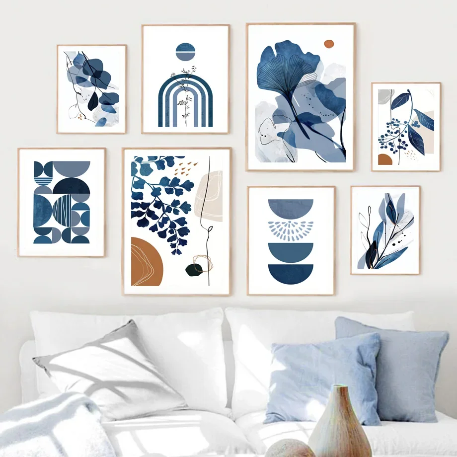 

Boho Blue Leaf Geometric Abstract Lines Plant Wall Art Canvas Painting Nordic Posters And Prints Pictures For Linving Room Decor