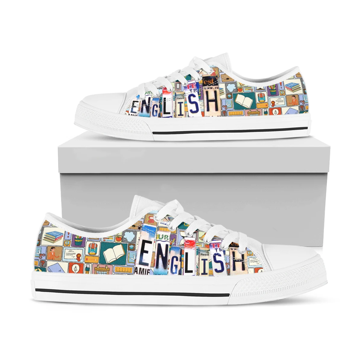License Plate English Print Flat Shoes Lightweight Low Top Canvas Shoes For Women Casual Lace Up Sneakers Zapatillas Mujer