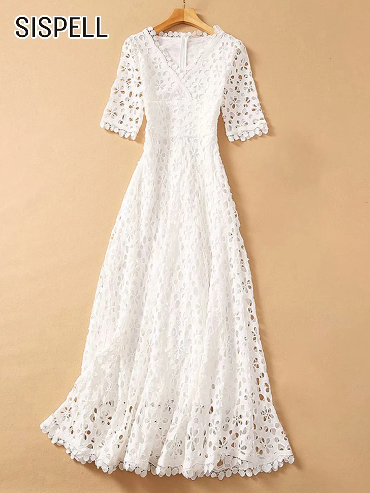 

SISPELL Minimalist Whiter Midi Dresses Female V Neck Short Sleeve High Waist Hollow Out Dress For Women Clothes Summer Style New