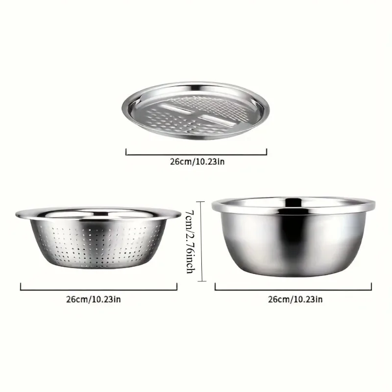 3-Piece Stainless Steel Multifunctional Strainer and Mixing Bowl for Washing and Slicing Fruits Vegetables Essential for Kitchen