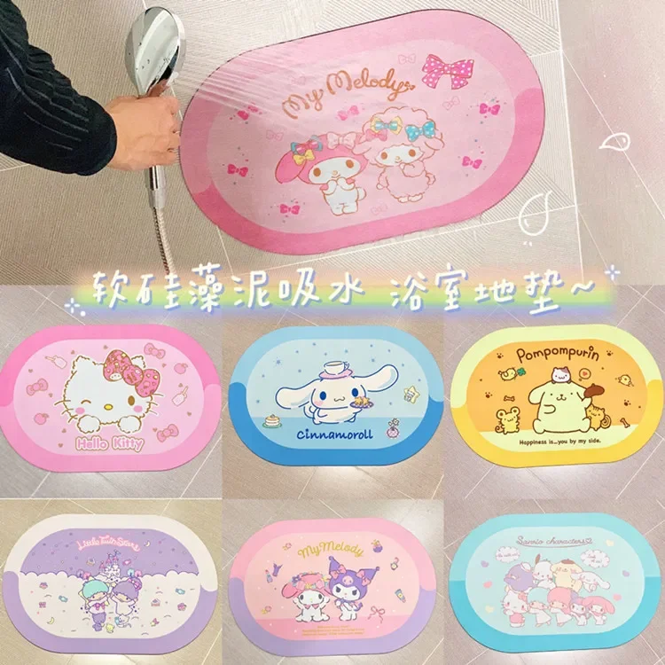 

Мультяшный мягкий напольный коврик My Melody Cinnamoroll Kuromi Sanrios с диатомом, грязевой напольный коврик для ванной, нескользящий, поглощающий воду Быстросохнущий коврик для ног
