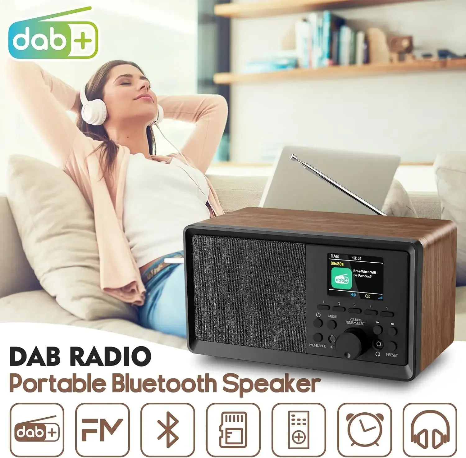 LED 스크린 디스플레이 DAB 풀 밴드 라디오 다기능 무선 미니 사운드박스 레트로 우드 블루투스 스피커 알람 시계 포함