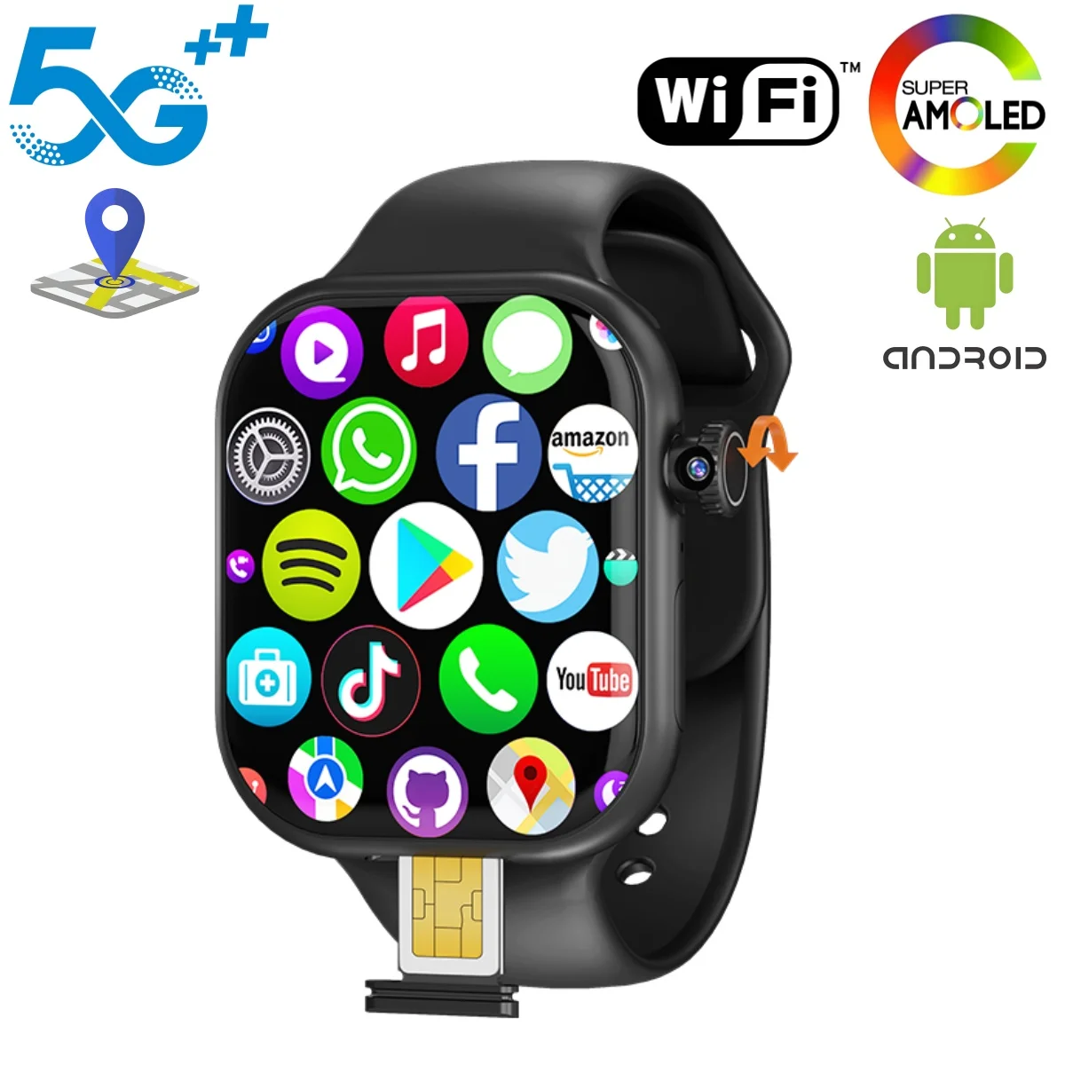 VP29 스마트워치 아몰레드 5G LTE 안드로이드 스마트워치 2.29인치 화면 회전 카메라 NFC 건강 모니터링 GPS WIFI 앱 스토어