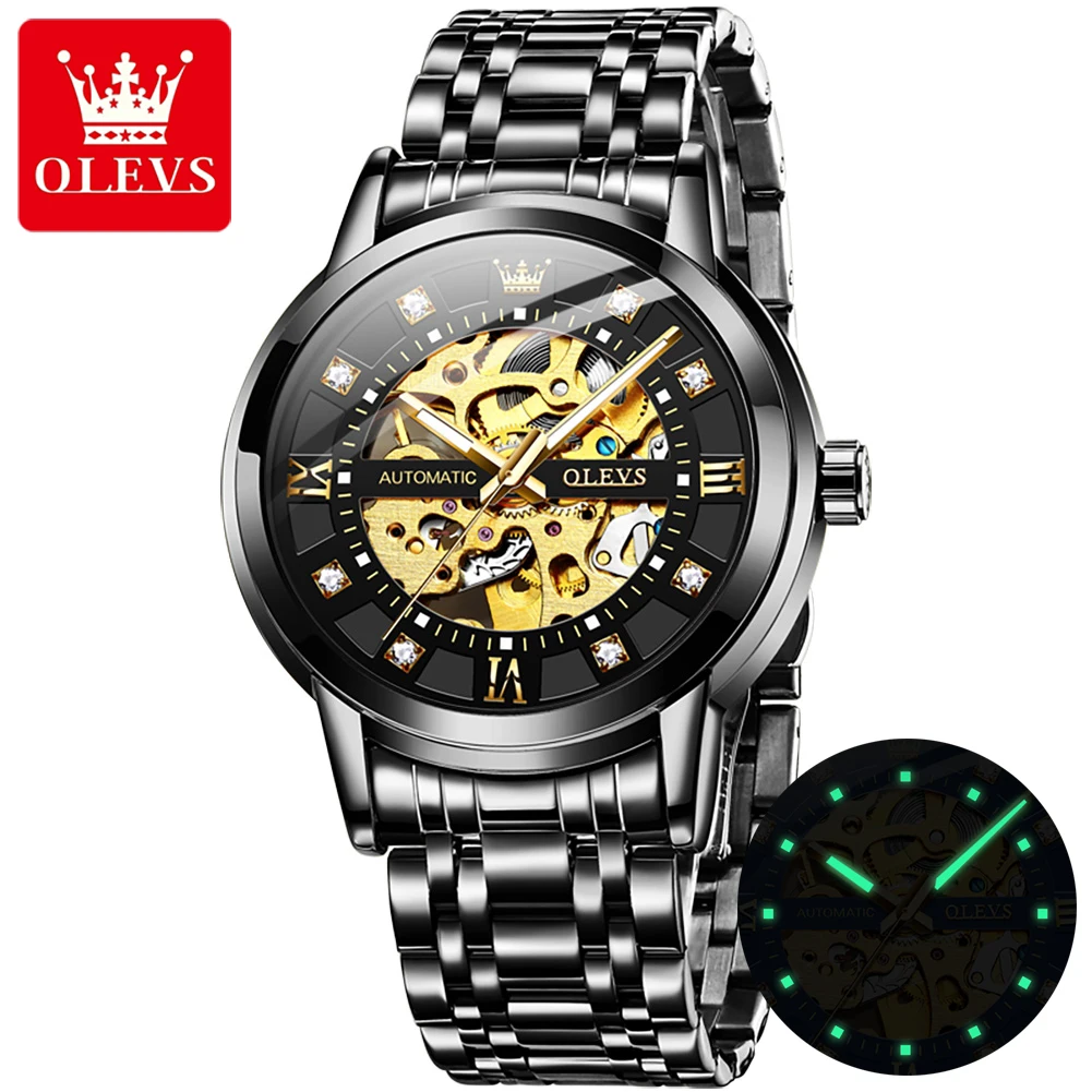 OLEVS Original Luxury Skeleton Automatic Watch for Men Mechanical Diamond Stainess Steel Waterproof Luminous Wristwatch Gift Man