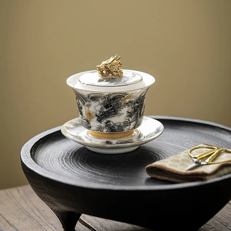 Chinese Dark Dragon White Sheep Fat Jade Porcelain Gaiwan 360&deg; Water Outlet Gold Painted High-end Retro Tea Bowl Gift Set