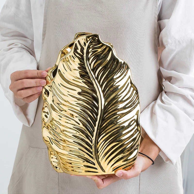 

Gold Leaf Ceramic Vase Dried Flower Flower Arrangement Accessories Light Luxury High-end Vase Living Room Decoration Modern