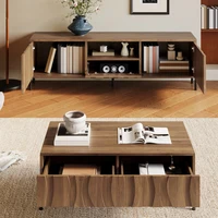 Комбинация журнального столика и подставки для телевизора из массива дерева с волнистым узором, решеткой из натурального дерева, мебель для хранения в гостиной — изображение 3