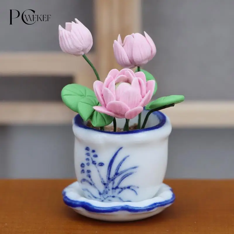 

1:12 Mini Ceramic Pot Pink Lotus DIY Handmade Dollhouse Small Potted Plant Small Flowerpot Dollhouse Miniatures Scene Decoration