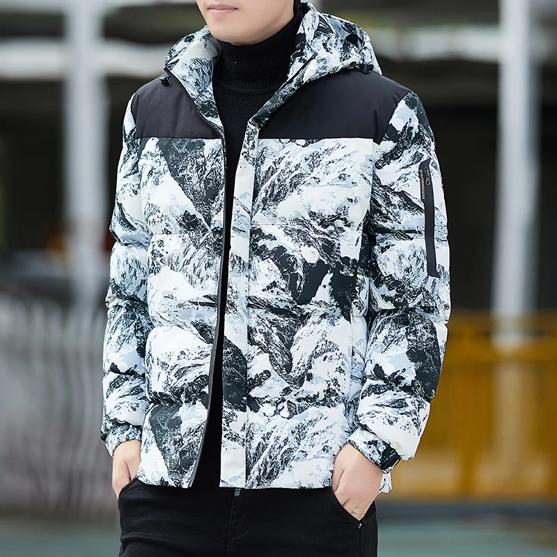 Detachable Cap Parkas Men's Winter 2023 New Fashionable Camouflage Thick Trendy Patchwork Long Sleeve Zipper Pocket Casual Coat