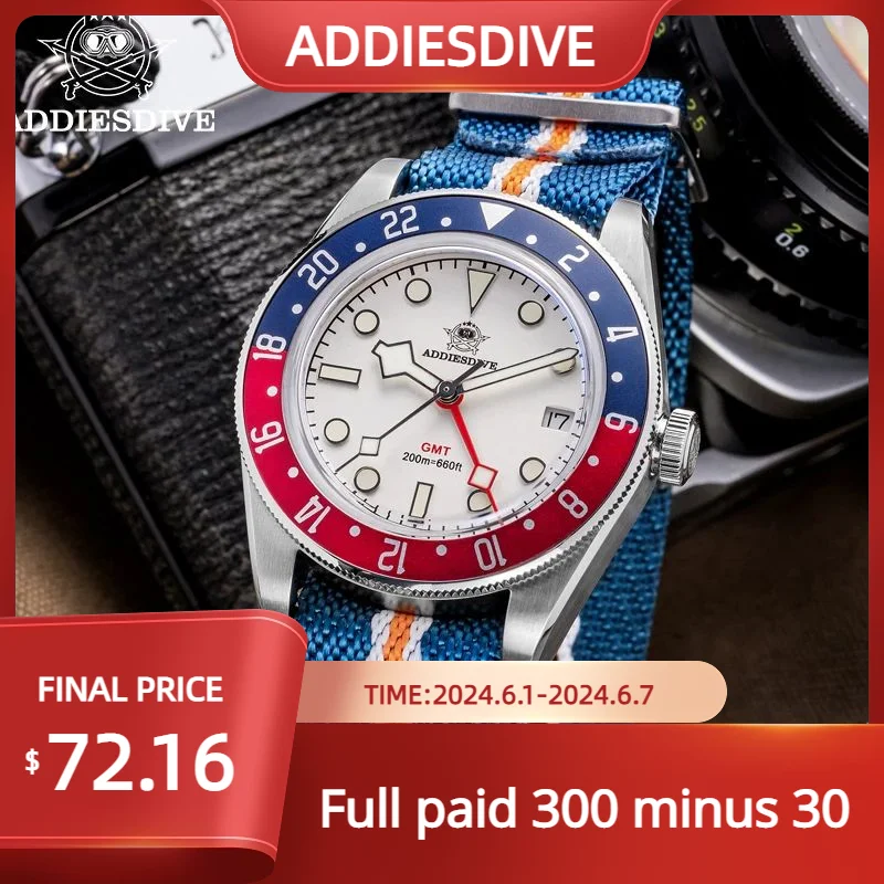 ADDIESDIVE GMT Quartz Watches Bubble Mirror Glass AD2044 Men's Sport Diver Watch 20Bar Waterproof Super Luminous Man WristWatch