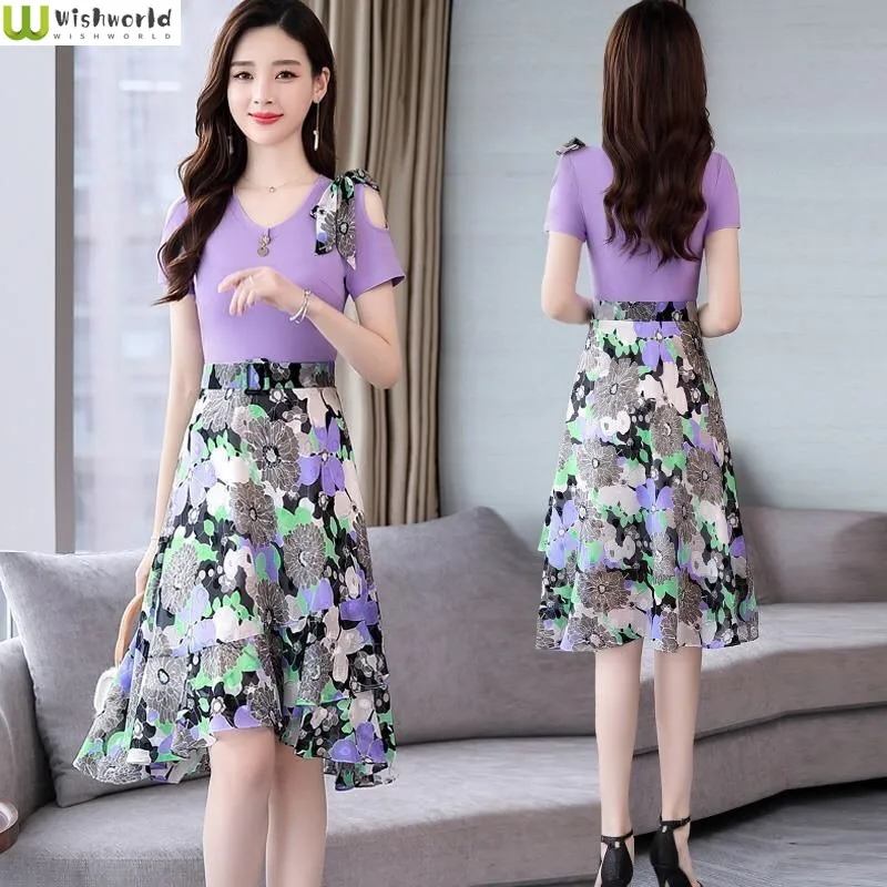 

Chiffon Print Dress 2022 Spring and Summer New Style Waist Slim Temperament Fashionable and Elegant Women's Skirt
