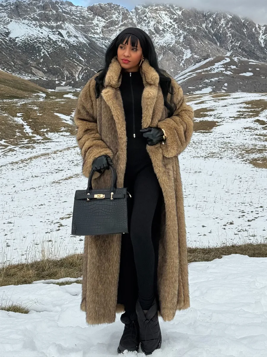 Winter Luxury Warm Thicken Jacket Lapel Collar Open Front Outwears Women High Quality Camel Fluffy Long Faux Fur Jacket Coat