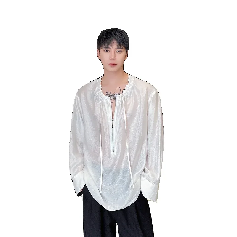 2024 Summer New Drawstring Round Neck Zipper Design Shirts Men's Long Sleeve Fashion Thin Trendy Male Sun Protection Shirt