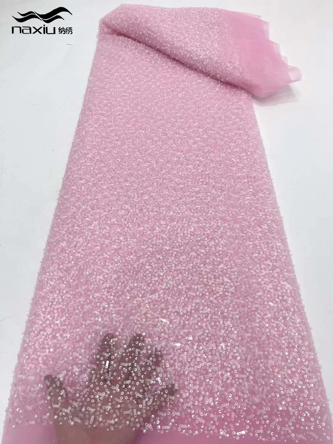 

Madison-African Lace Fabric with Sequins, French Beaded Mesh, Tulle Fabrics for Sewing Wedding Dresses, Pink Clothing