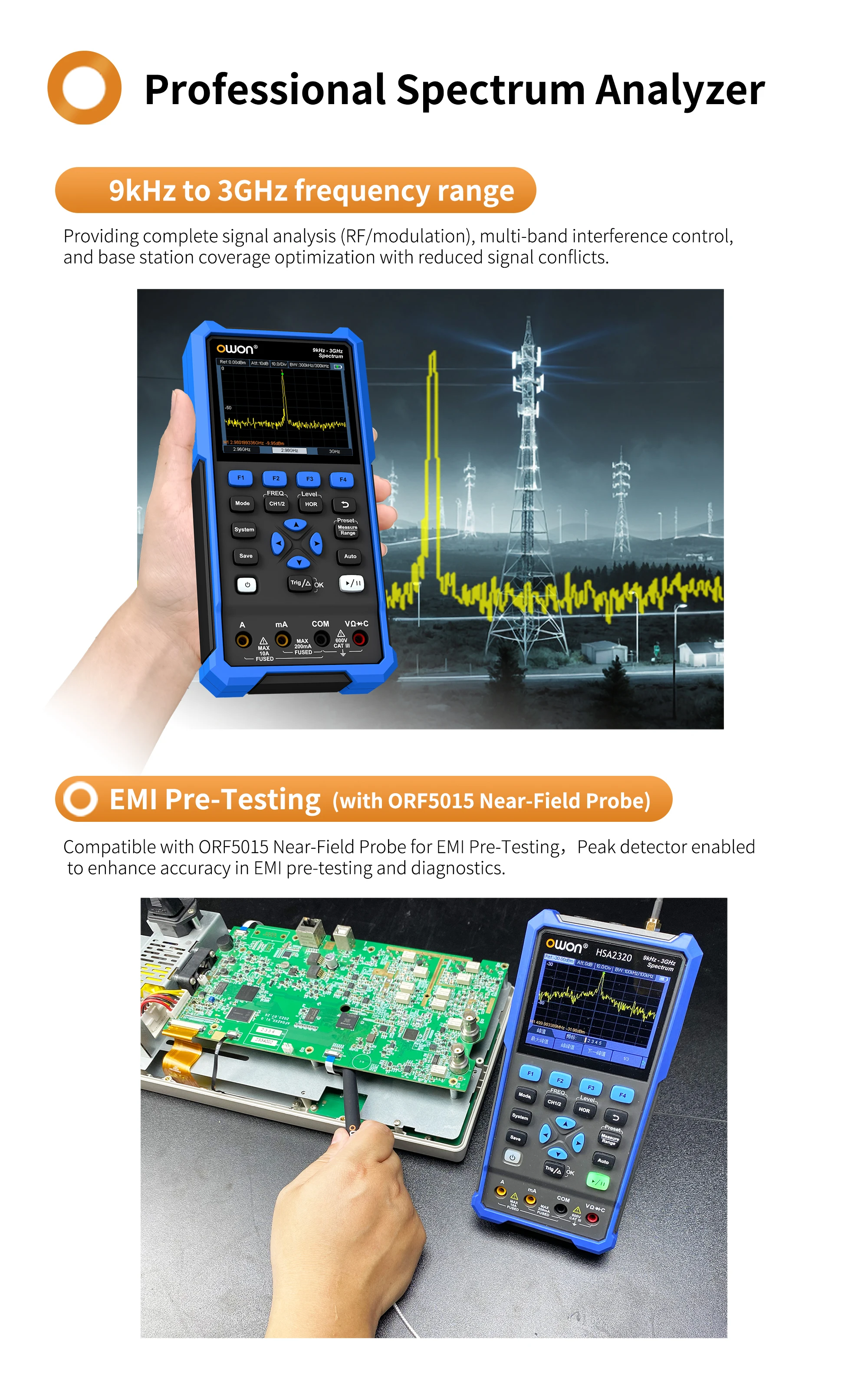 HSA2320 HSA2105 Handheld Spectrum Analyzer, 1.5G/3G Oscilloscope, 50 - 200M Band
