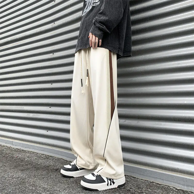 2023 Autumn New Contrast Stripe Spliced Sports Pants Solid Drawstring Pocket American High Street Loose Wide Leg Casual Trousers