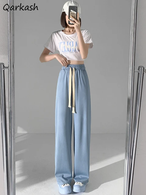 Wide Leg Pants Women Loose Solid Thin Summer Sweet Drawstring High