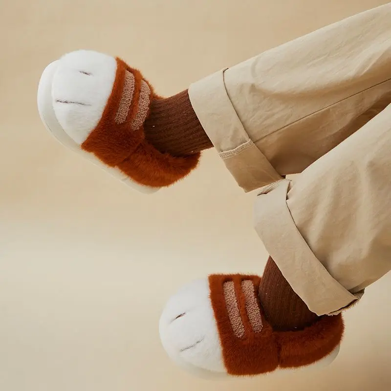 New vivid fluffy cat paw slippers for women winter shoes plush indoor furry slides woman man warm animal claws flip flops home