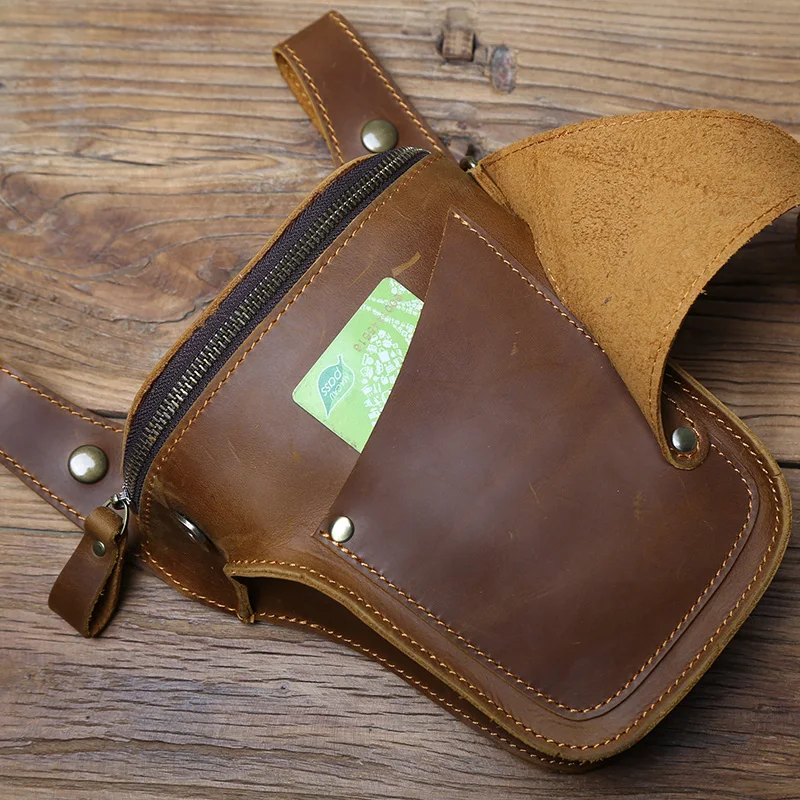 NZPJ Vintage Genuine Leather Men's Waist Bag Natural Cowhide Outdoor Motorcycle Men's Bag Crazy Horse Leather Mobile Phone Bag