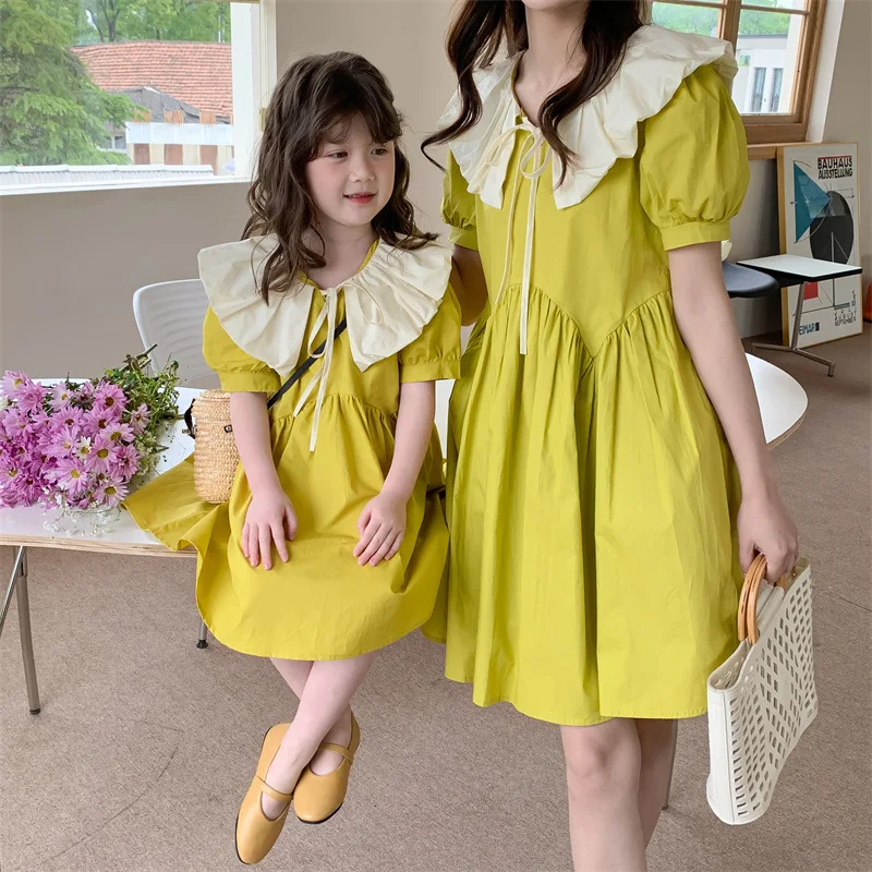 2022 Mother Daughter Parent-Child Dress for Girl Summer Short-sleeved Doll Collar Fashion Dress Family Matching Clothes Mom Baby