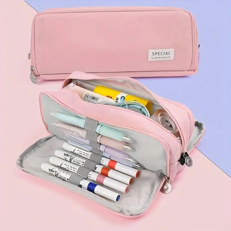Spacious Triple-Section Student Stationery Organizer and Desk Pouch