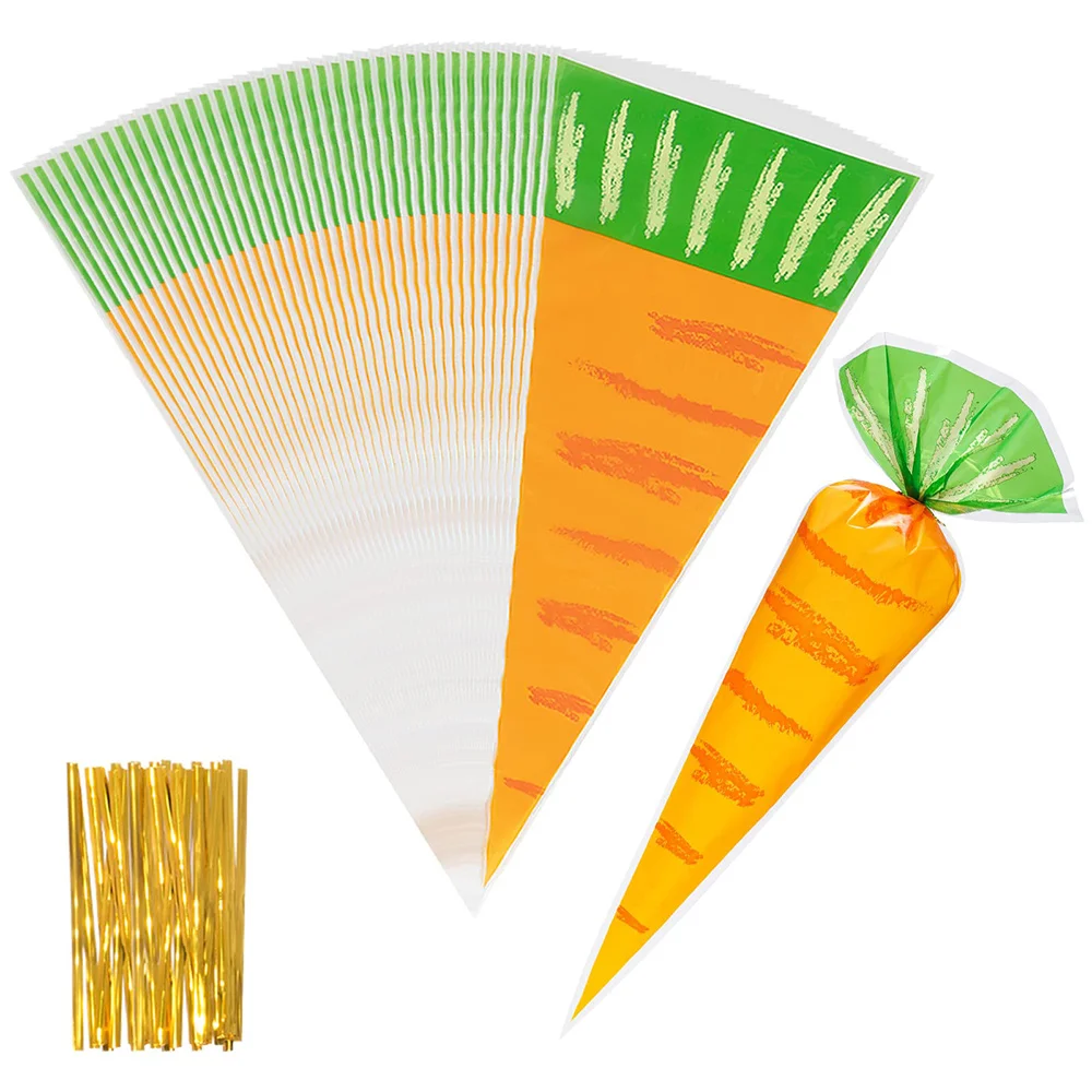 

25/50 PCS Easter Carrot Bags with Gold Twist Fastens Transparent Carrot Shaped Cookies Chocolates Goody Bag Plastic Triangle Bag