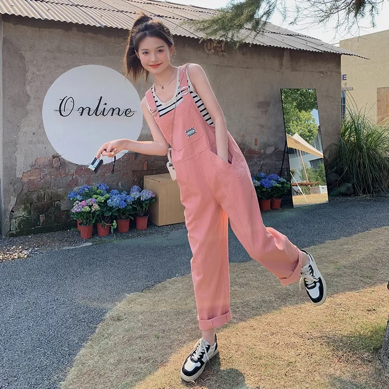 2024 Summer New Jumpsuits Women Korean Sweet Casual Versatile Solid Color Straight Leg Full Length Strap One-piece Pants Female
