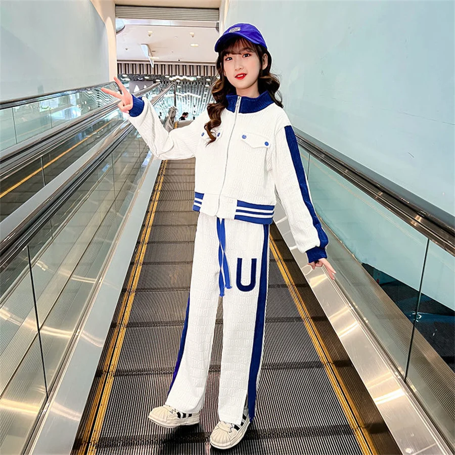 

Girls Clothes Set spring autumn Windproof Letter Jacket Trousers 2 Pcs Kids Sportswear White Fleece Warm Children Clothing 14 Y