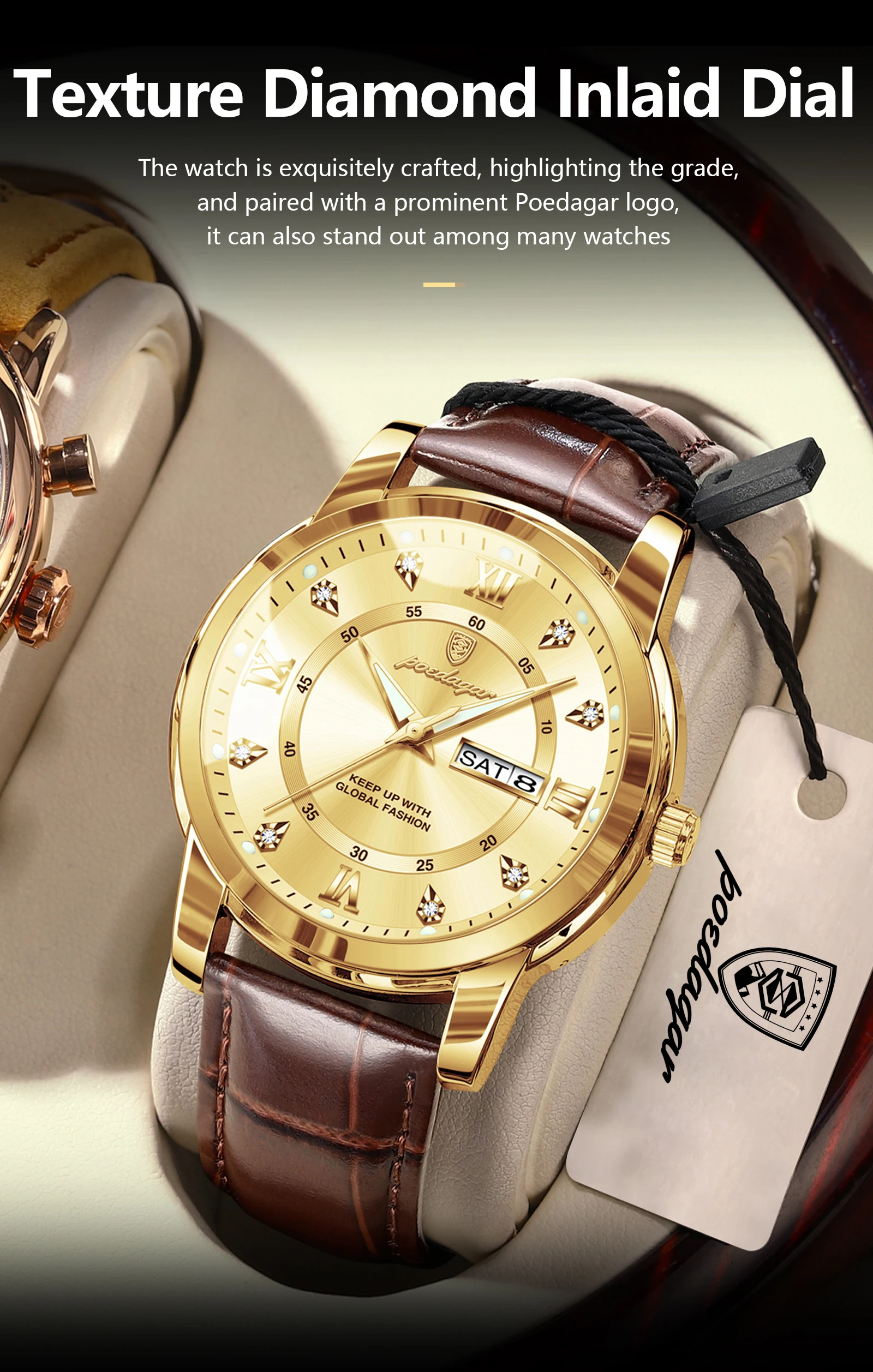 POEDAGAR Luxury Business Male Clock Date Week Waterproof Luminous Gold Men Wristwatch Casual Fashion Quartz Men's Watches Reloj