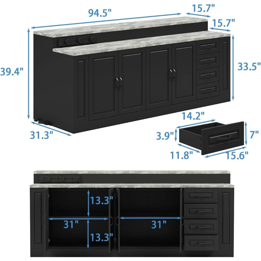 94.5" W Stationary Kitchen Island Storage Cabinet with Built-in Power Outlet, Adjustable Shelves & 3 Drawers for Dining Room 2