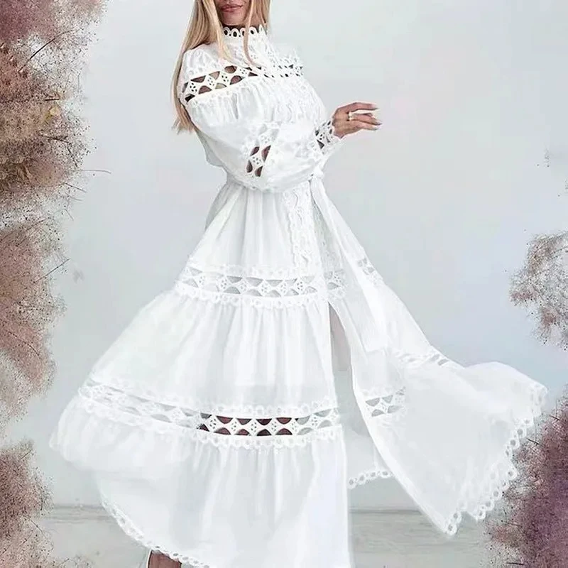 

Женское однобортное платье с рукавами-фонариками и поясом