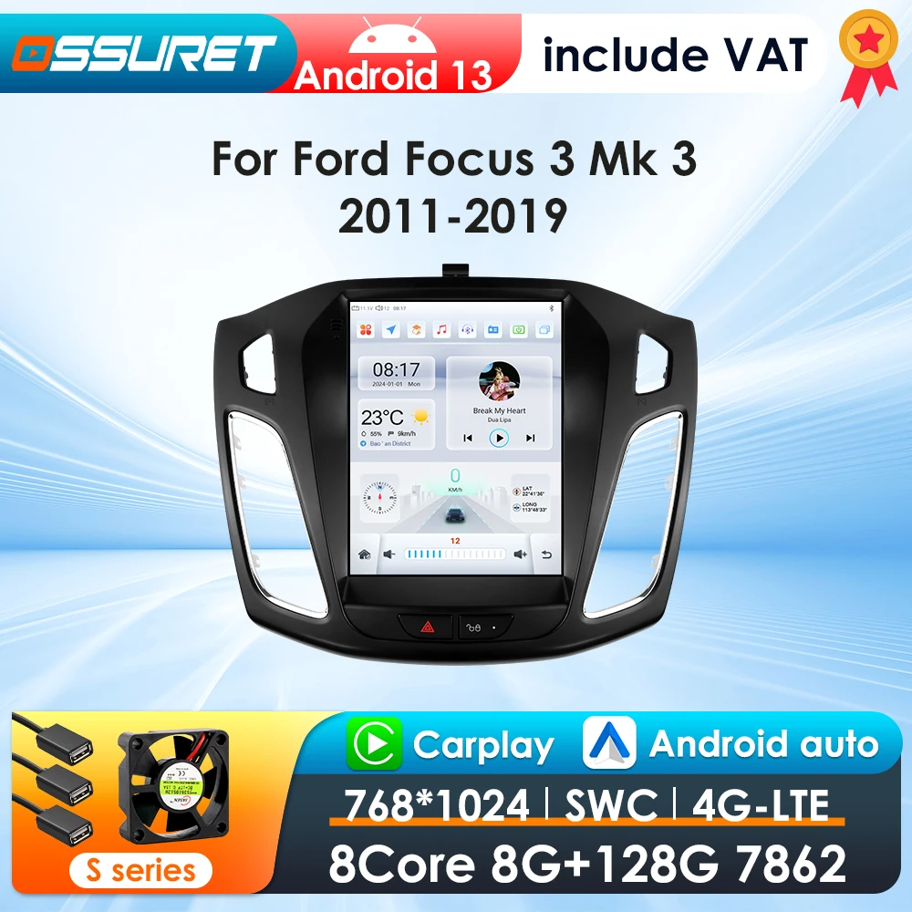 OSSURET 9.7inch 2 DIN Android 13 Car Radio for Ford Focus 3 MK Multimedia Stereo Vertical Screen Carplay 360Camera