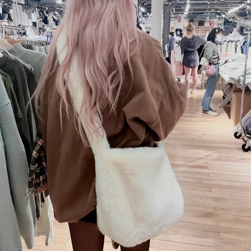 2000s Y2k Hot Girls Candy Color Rose Pink Plush Crossbody Shoulder Bag Women Winter Harajuku Street Fashion Faux Rabbit Fur Bags