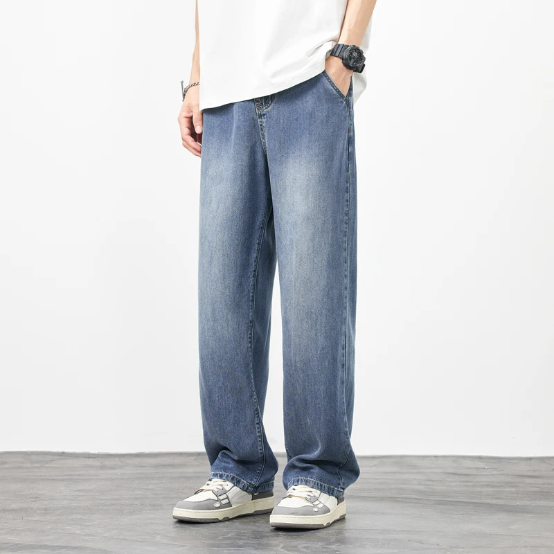 Lyocell Soft Cozy Jeans Men's Autumn Vintage Fashion Street Denim Trousers Male Clothes Korea Baggy Straight Casual Pants Blue 2
