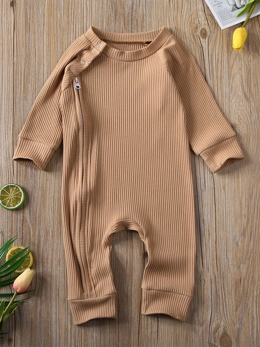 

Newborn Baby Boy Girl Long Sleeve Zipper Romper Playsuit Outfit Fall Winter Baby Solid Color Zipper Ribbed Jumpsuit Clothes