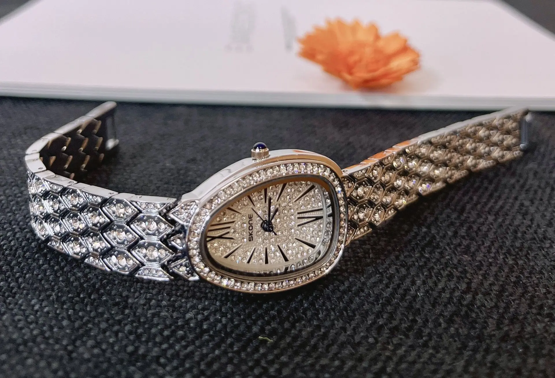 Skone Popular Light Luxury Brand Snake Full Diamond Women's Quartz Watch Classic Diamond Double Ring Versatile Alloy Watch
