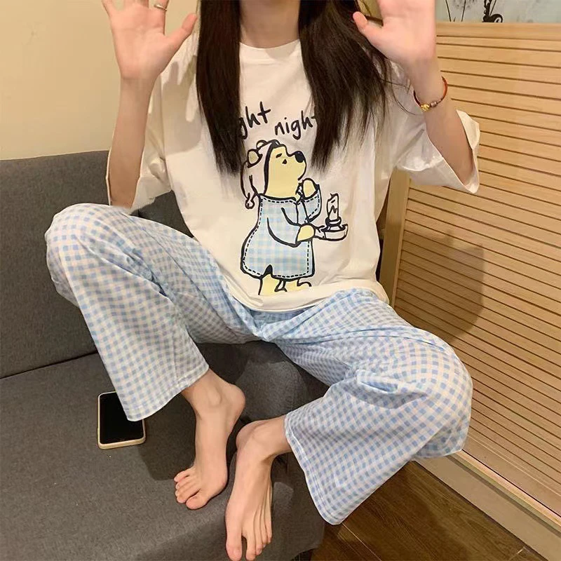 Disney Cartoon Mickey Winnie Snow White Pajamas Ladies Summer Short Sleeves Cute Pants Thin Girls Loose Homewear Pajamas Set 6