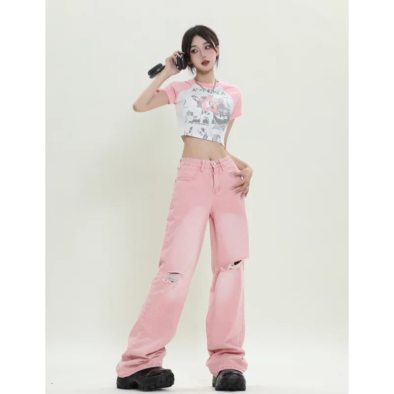 

Pink Jeans Women Solid High Waist Worn-out American Wide Leg Pants Fashion Y2K Baggy Vintage Female NEW Autumn Straight Trouser