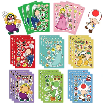 32Sheets Children DIY Puzzle Sticker Mario Face Funny Anime Cartoon Assemble Stickers Kids Toys Boys Girls Gifts