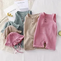 Muslin Baby Jumpsuit Hat Long Sleeve Cotton Toddler Romper for Boys Girls Solid Color Spring Autumn Baby Clothes Newborn Onesie 5