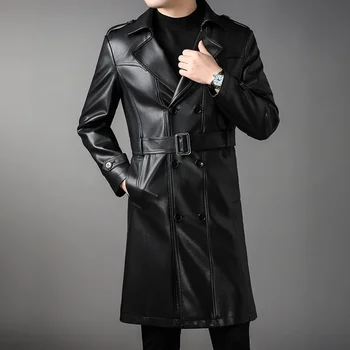 High quality men's knee leather overcoat for autumn and winter double-breasted work jacket leather PU-026 1