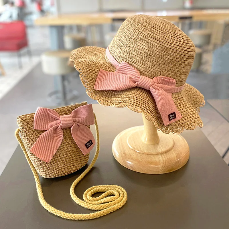 Summer Baby Girls Straw Hat And Shoulder Bag 2pcs Set Parent-child Wide Brim Lace Holiday Beach Sun Hats Outdoor Bucket Cap straw hat baby sun hat outdoor sun hat baby hat set