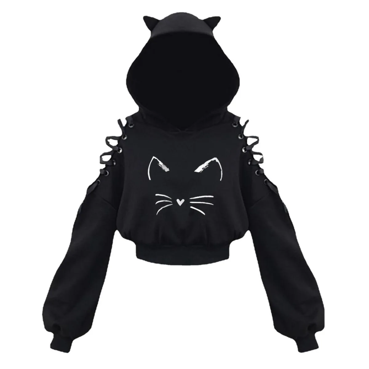 Women Long Sleeve Hoodies Kawaii Cat Ears Hoodie Gothic Punk Harajuku Cold Shouler Bandage Gothic Black Sweatshirts