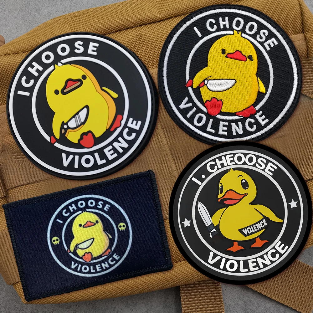 Angry Little Yellow Duck Embroidery Hook&Loop Patch I CHOOSE VIOLENCE PVC Badge Cartoon Duck Round Tactical Backpack Sticker