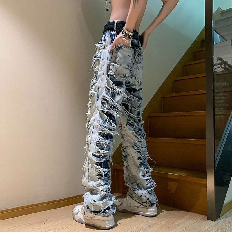 American high street erosion destroys raw edge Y2K retro jeans men\'s trendy straight tube slim flared pants foreign trade 2023