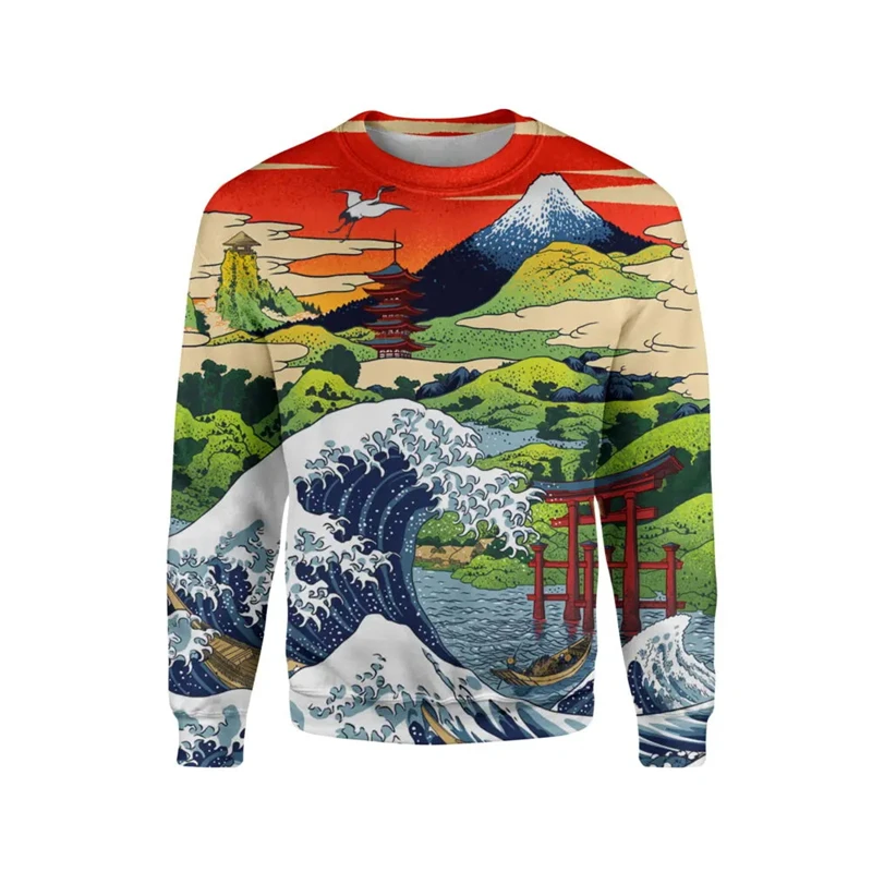 Sudadera con capucha con estampado 3D de onda de mar de estilo japonés para hombres y niños, sudadera informal Harajuku Y2k, jersey con cuello redondo, sudaderas con capucha, ropa para hombre