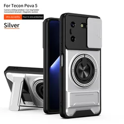 Armor  Phone Case with Slide Camera Protection and Magnetic Holder Ring Stand for Tecno Pova 5 Pro (Silver)